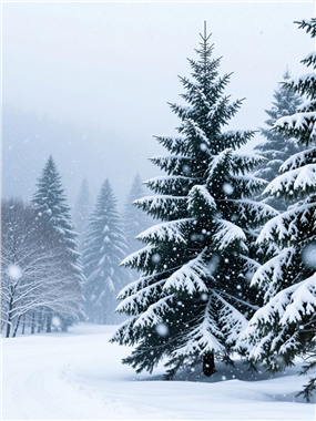 冬季雪花漫天飞舞雪松雪景图片
